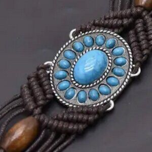 Turquoise Inlaid Braided Belt Boho Hollow Out Wax Rope Waistband - BRAND NEW!